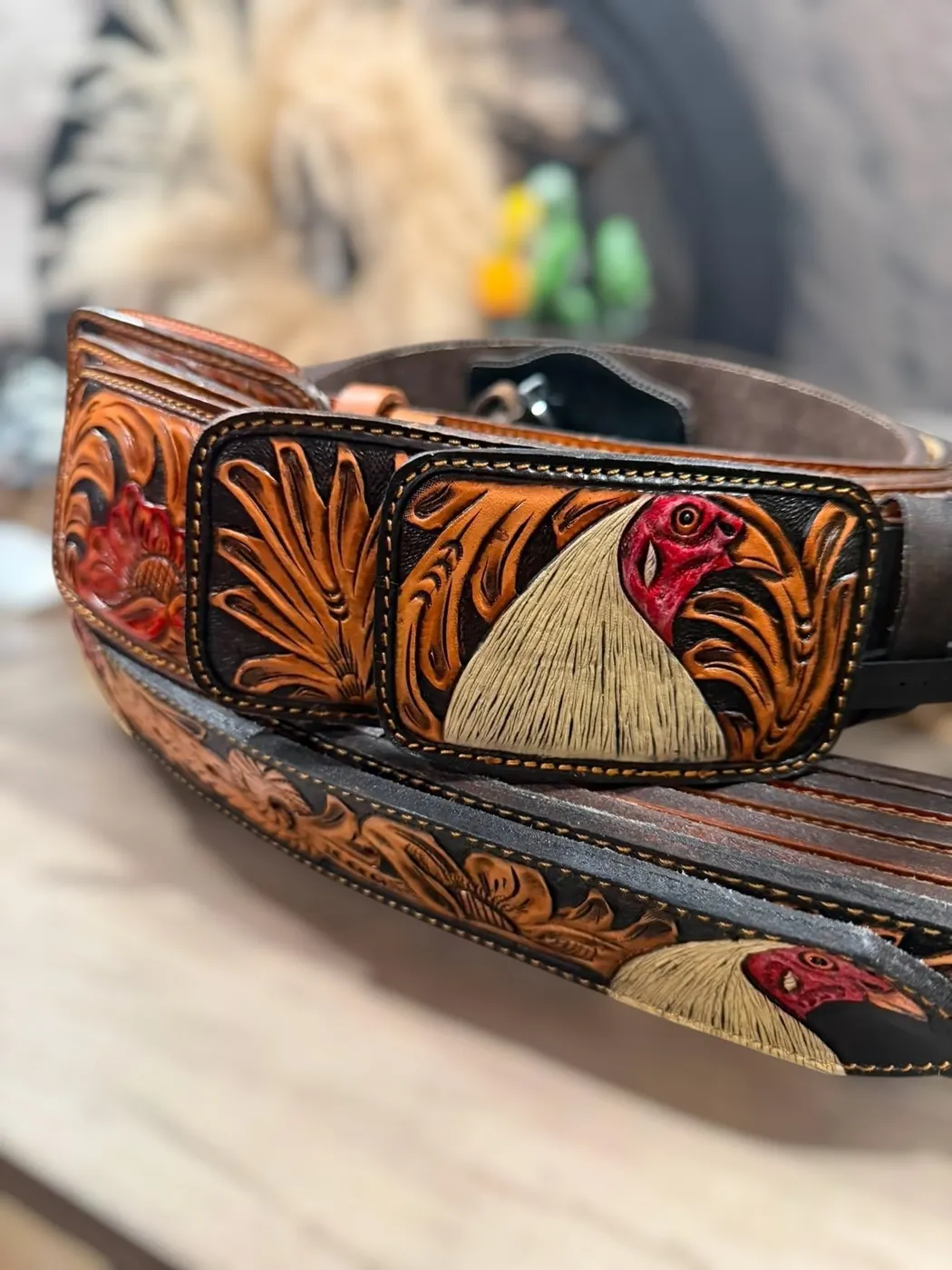 Hand-tooled leather belt with a hand-painted rooster